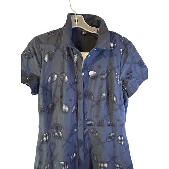 ANN TAYLOR sz 12 navy blue s/s fit flare tennis racquet eyelet dress pockets - Picture 4 of 8